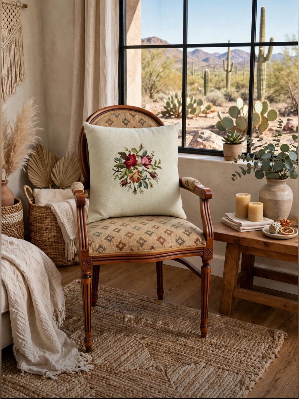 Vintage Handmade Needlepoint Floral Pillow Rose Cross Stitch Sage Green Boho